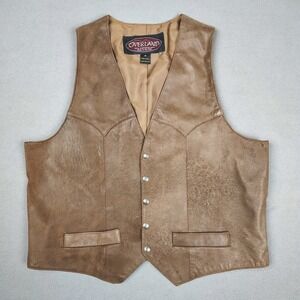 Overland Leather Vest Men Large Brown Western Cowboy Snap Button Waist Coat USA